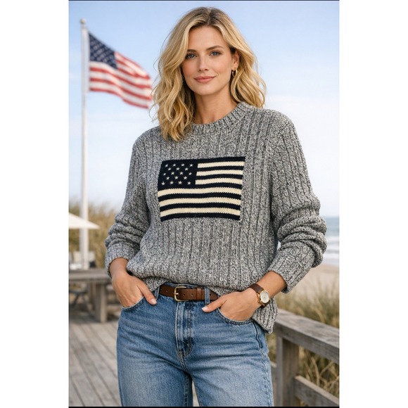 Ralph Lauren Sweaters - VTG POLO RALPH LAUREN GRAY & Navy AMERICAN FLAG SWEATER XL Americana Preppy 90s
